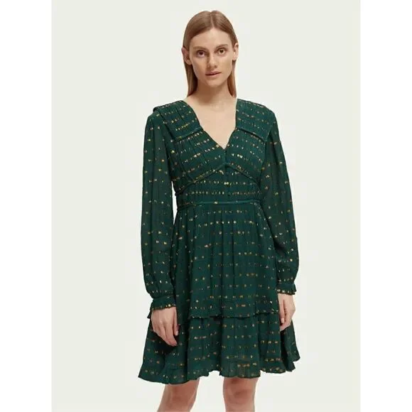 Scotch & Soda Long Sleeved Lurex Jacquard Ruffle Green Dress size M NWT$248 - Picture 1 of 9